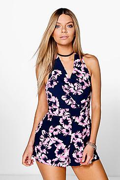 Boohoo Nia Woven Wrap Front Print Playsuit