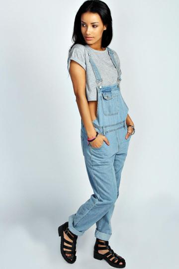 Boohoo Blake Roll Up Leg Boyfriend Denim Dungarees - Blue