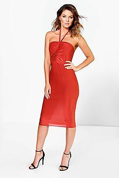 Boohoo Evron Ruched Front Detail Halter Tie Midi Dress