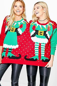 Boohoo Lauren Mr & Mrs Elf Twin Christmas Jumper