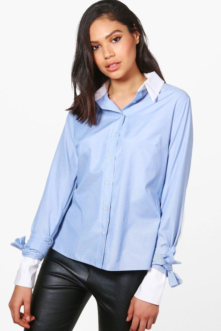 Boohoo Sarah Tie Sleeve Striped Shirt Blue