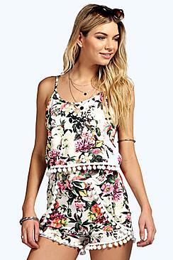 Boohoo Saskia Floral Pom Pom Trim Short Co Ord Set