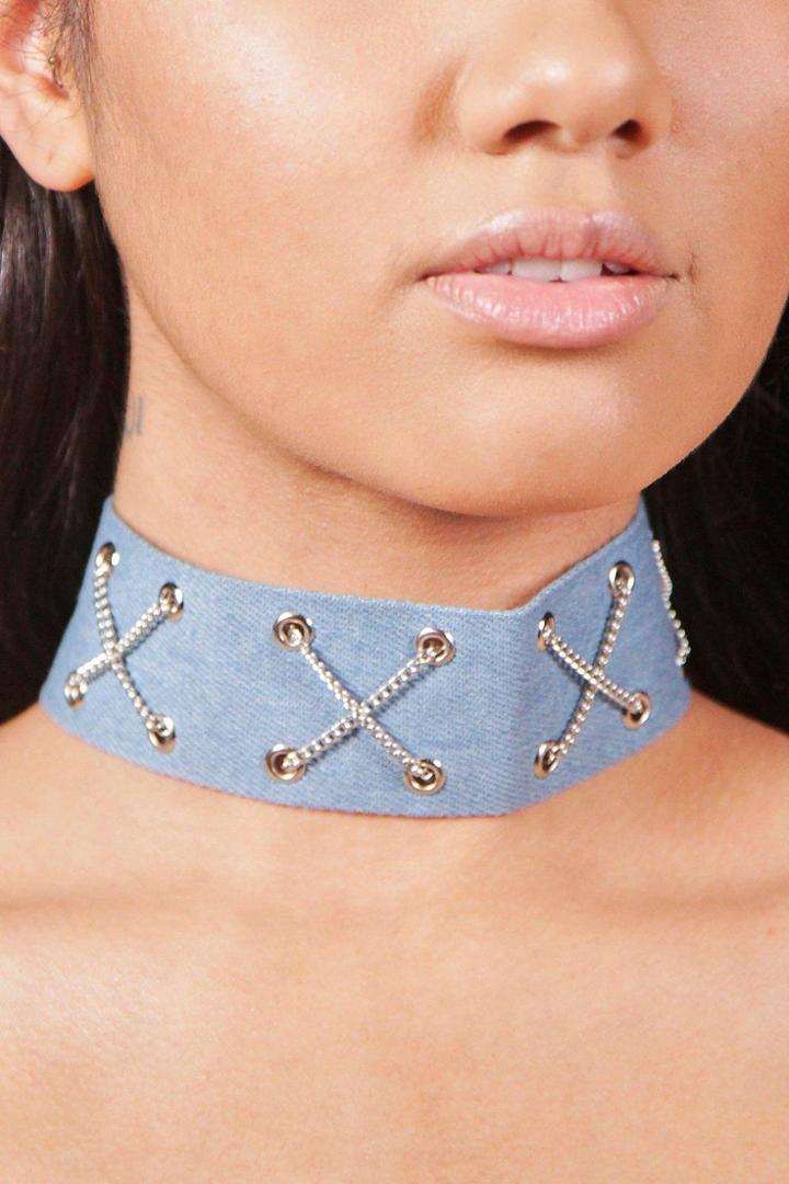Boohoo Robyn Denim Chain Lace Up Corset Choker Denim