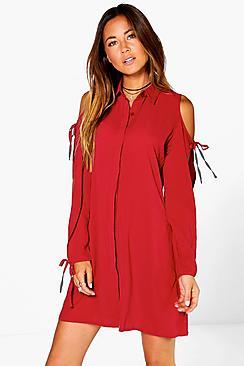 Boohoo Carminio Cold Shoulder Lace Up Shirt Dress