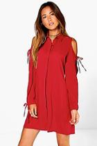 Boohoo Carminio Cold Shoulder Lace Up Shirt Dress