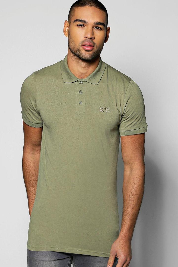 Boohoo Short Sleeve Muscle Fit Polo With Logo Khaki