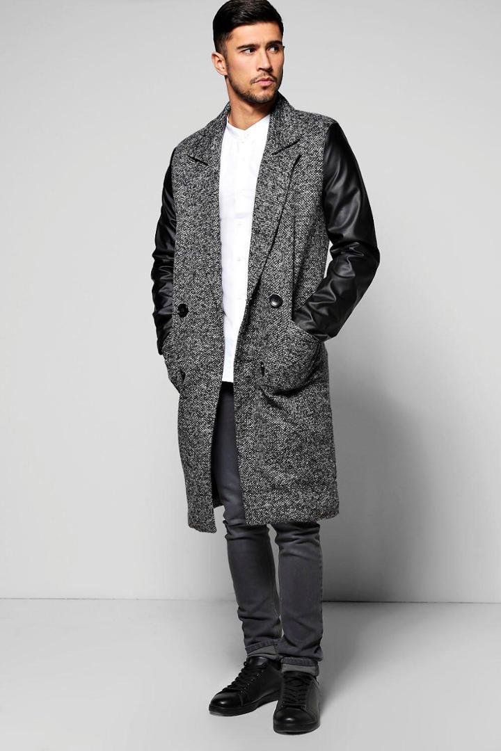 Boohoo 3/4 Smart Tailored Jacket With Pu Sleeves Charcoal
