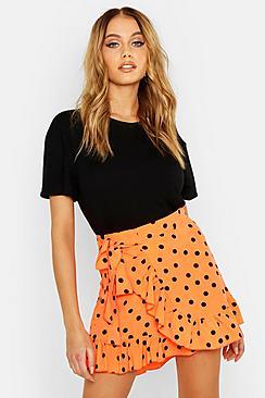 Boohoo Polka Dot Wrap Ruffle Mini Skirt