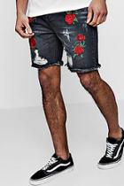 Boohoo Bermuda Denim Shorts With Rose Embroidery