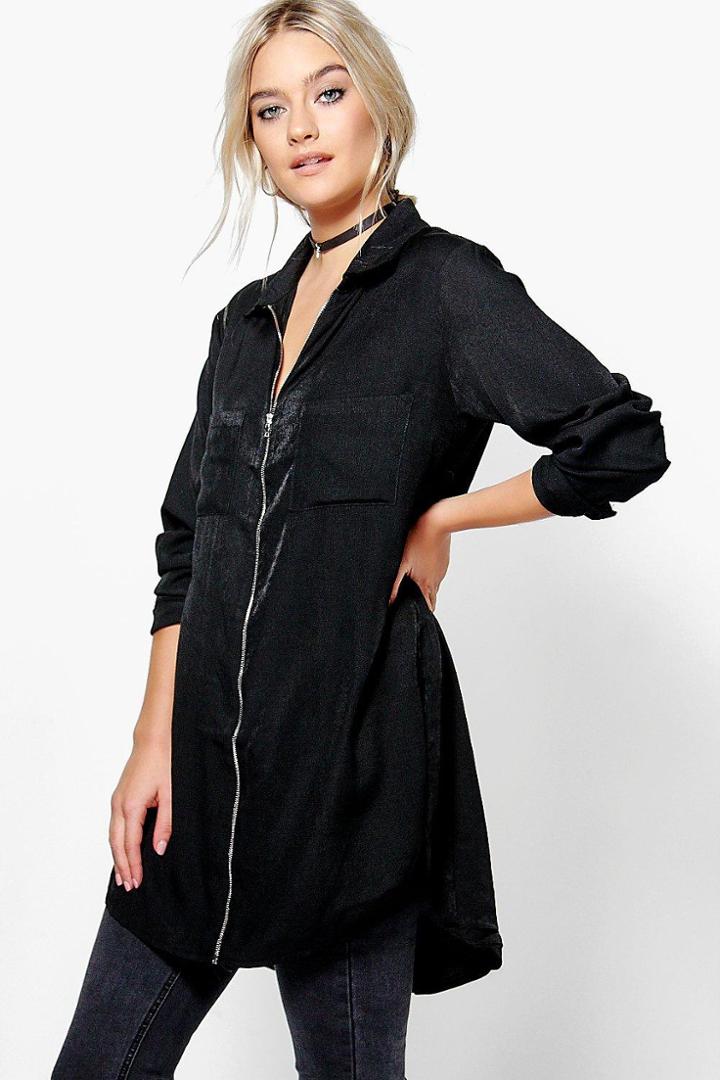 Boohoo Willow Zip Through Pocket Shirt Black