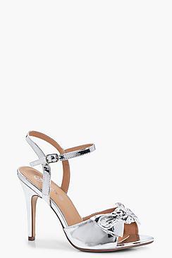 Boohoo Laura Wide Fit Metallic Bow Trim Mid Heels