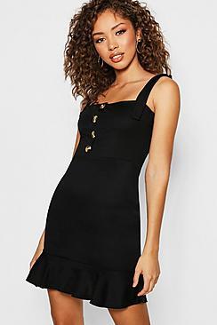 Boohoo Tie Strap Frill Hem Button Detail Bodycon Dress