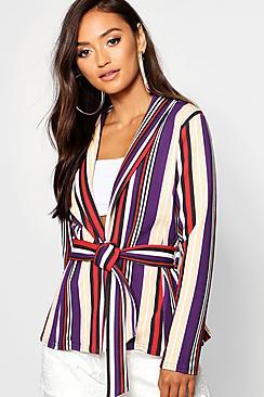 Boohoo Petite Striped Belted Blazer