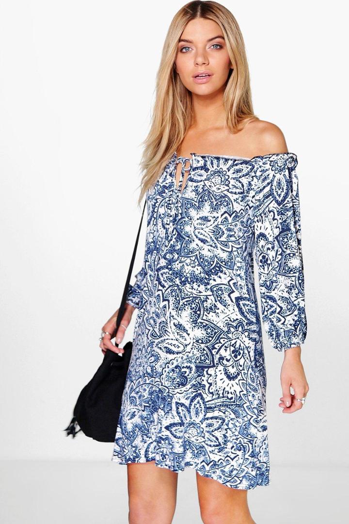 Boohoo Emily Paisley Printed Shift Dress Blue