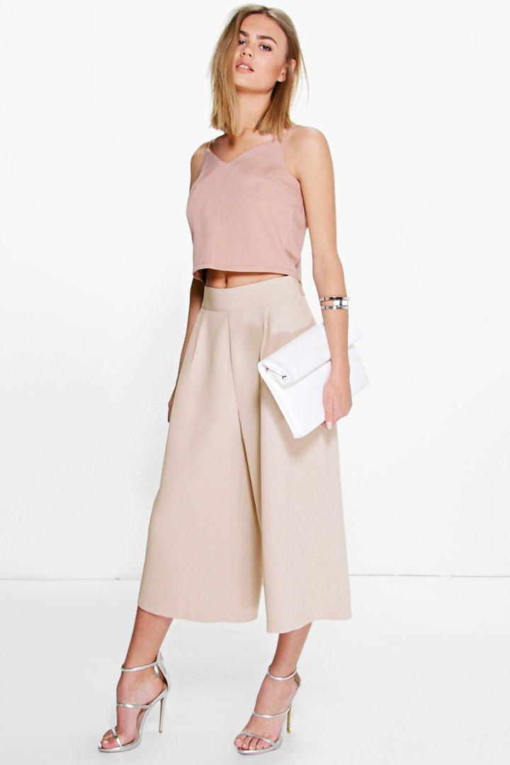 Boohoo Arianna Pleat Front Wide Leg Tailored Culottes Sand