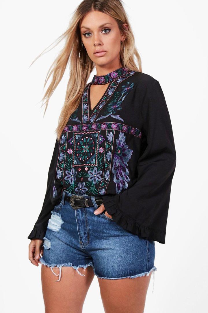 Boohoo Plus Diana Embroidered Choker Smock Top Black