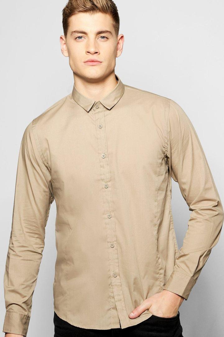 Boohoo Long Sleeve Poplin Shirt Stone