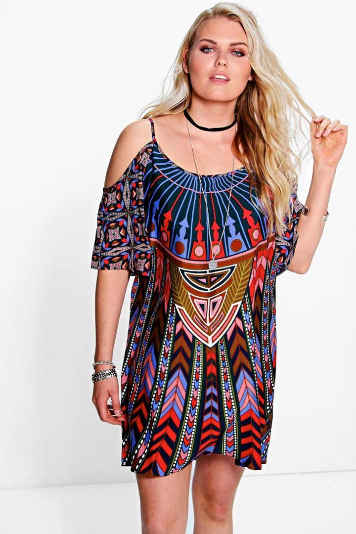 Boohoo Plus Skyler Geo Print Cold Shoulder Shift Dress Multi