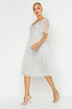 Boohoo Embellished Top V Neck Midi Skater Dress