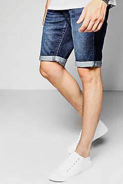 Boohoo Skinny Fit Indigo Denim Shorts In Mid Length
