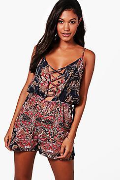 Boohoo Julia Paisley Lace Up Beach Playsuit