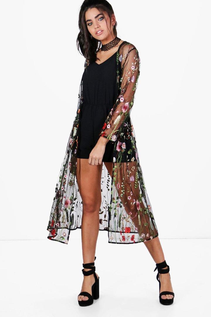 Boohoo Jennie Embroidered Maxi Kimono Black