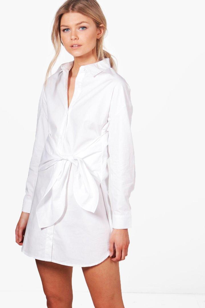 Boohoo Petite Danielle Tie Waist Shirt Dress White