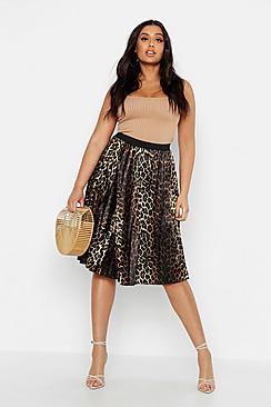 Boohoo Plus Satin Leopard Print Midi Skater Skirt