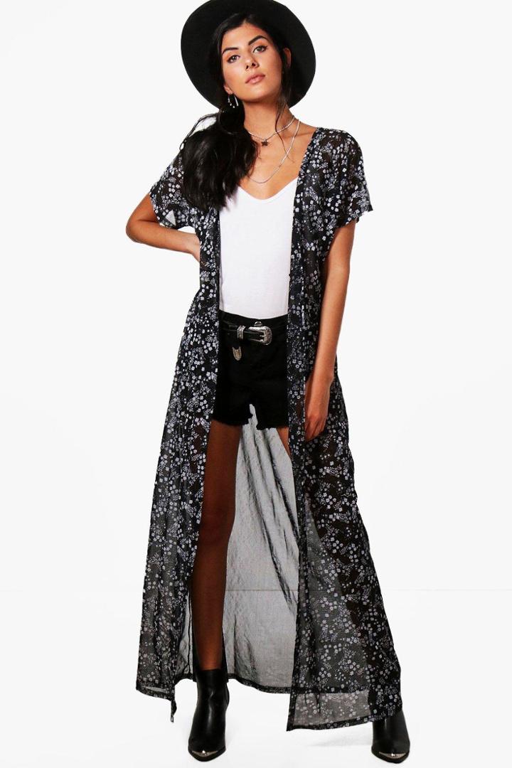 Boohoo Leah Printed Maxi Kimono Black