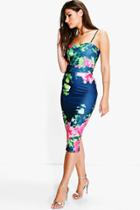 Boohoo Eloise Floral Strappy Midi Bodycon Dress Navy