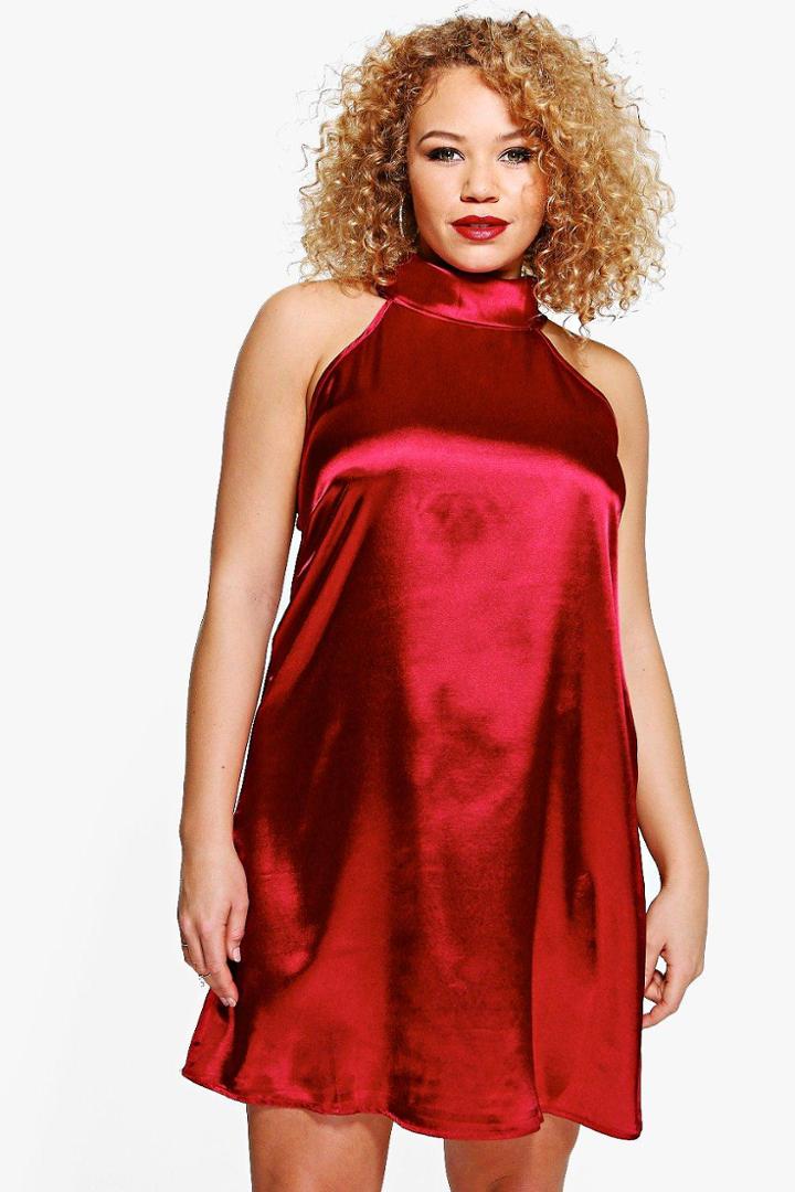 Boohoo Plus Layla High Neck Satin Shift Dress Burgundy