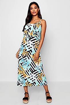 Boohoo Penelope Ruffle Geo Palm Print Maxi Dress