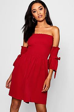 Boohoo Petite Kimmy Shirred Detail Tie Sleeve Skater Dress