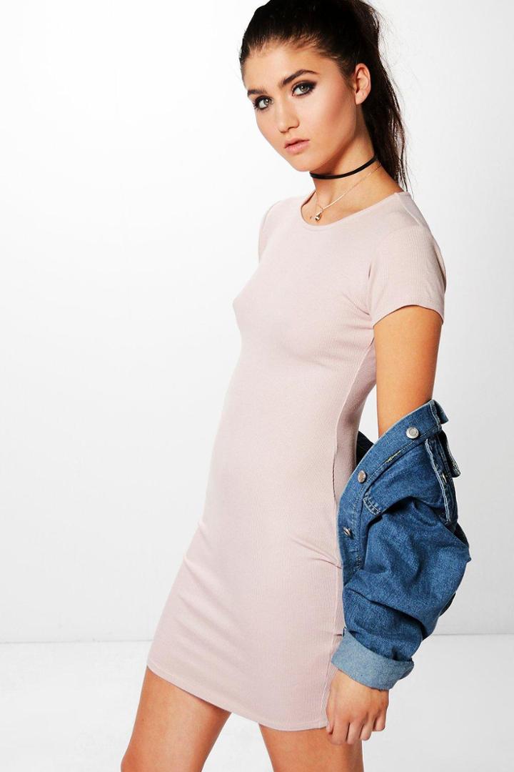 Boohoo Paige Ribbed Cap Sleeve Bodycon Dress Sand