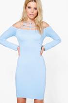 Boohoo Isobel Cage Neck Detail Off The Shoulder Dress Bluebell