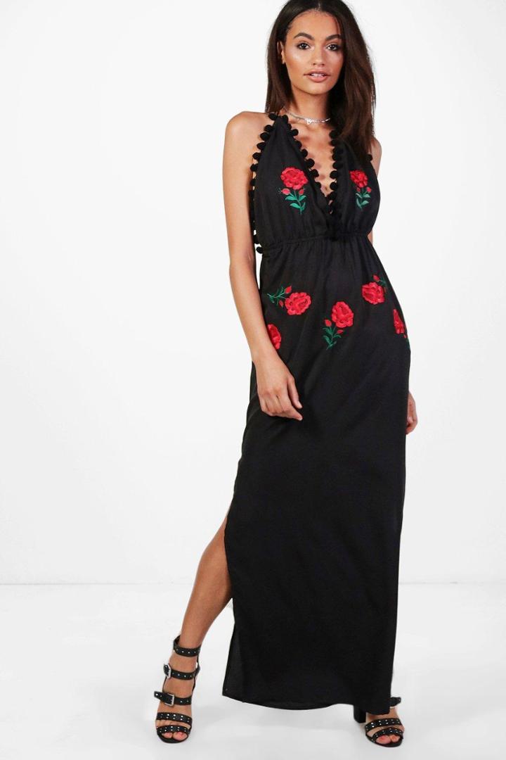 Boohoo Hollie Embroidered Pom Pom Maxi Dress Black