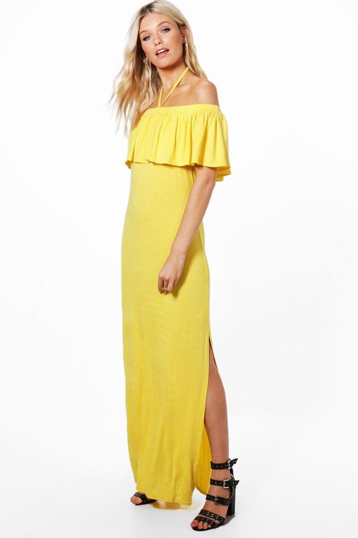 Boohoo Heather Halterneck Ruffle Maxi Dress Yellow