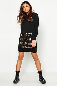 Boohoo New York Foil Print Roll Neck Sweatshirt Dress