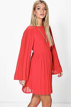 Boohoo Ria Keyhole Pleated Wide Sleeve Skater Dress