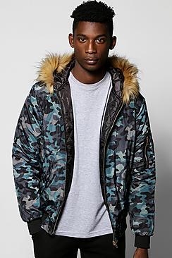 Boohoo Faux Fur Hooded Camo Jacket