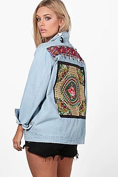 Boohoo Plus Violet Embroidered Coin Trim Denim Jacket