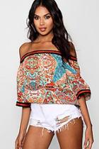 Boohoo Lily Border Print Wide Sleeve Cold Shoulder Top