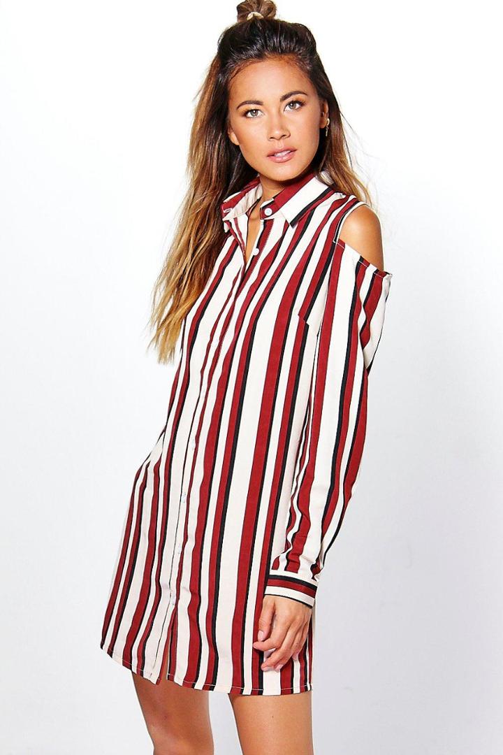 Boohoo Suki Cold Shoulder Stripe Shirt Dress Burgundy