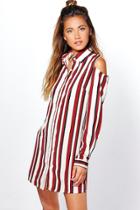 Boohoo Suki Cold Shoulder Stripe Shirt Dress Burgundy