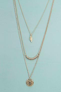Boohoo Rose Feather And Flower Layered Necklace