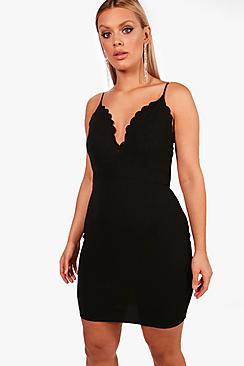 Boohoo Plus Jill Plunge Scallop Edge Bodycon Dress