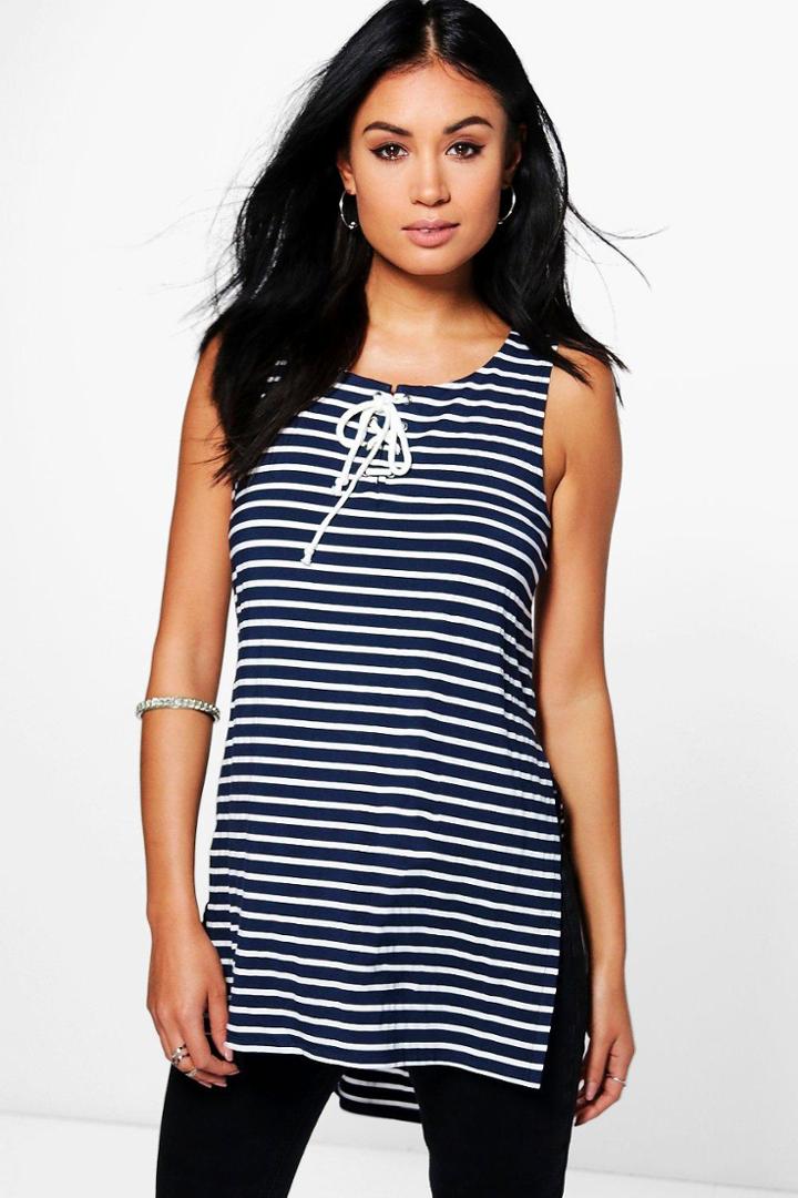 Boohoo Sarah Striped Longline Tunic Navy