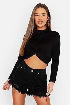 Boohoo Petite Basic High Neck Twist Front Top
