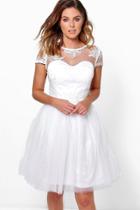 Boohoo Boutique Ayra Embroidered Mesh Skater Dress White