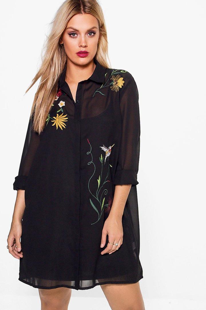 Boohoo Plus Felicity Embroidered Shirt Dress Black